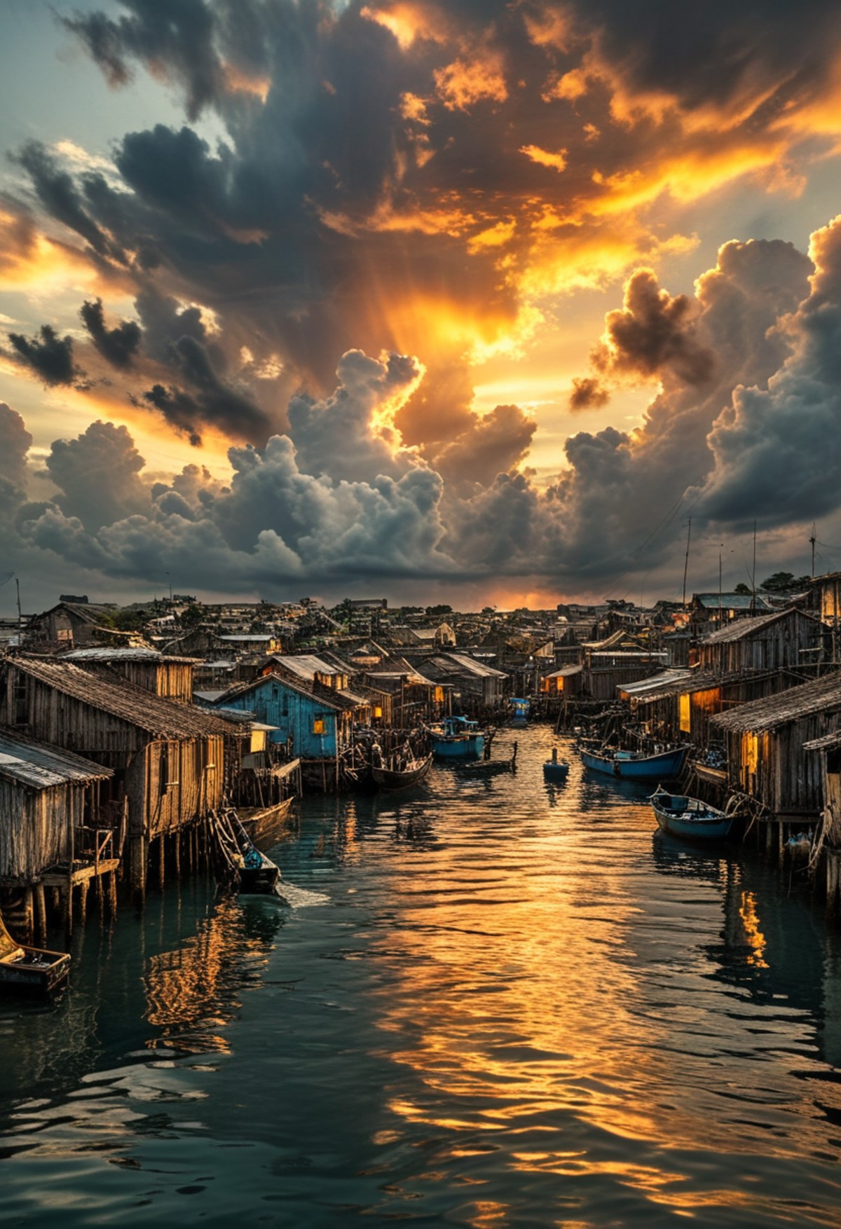 a breathtaking photograph of an underwater modern fishing village inspired by waterworld, sunset, golden hours, intricate ...